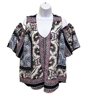 Luxology Cold Shoulder Bohemian Pattern High Low Blouse Size L Hippy Girl